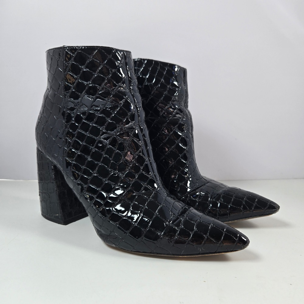 Topshop Ankle Boots Women 39 Black Croc Embossed Patent Block Heel